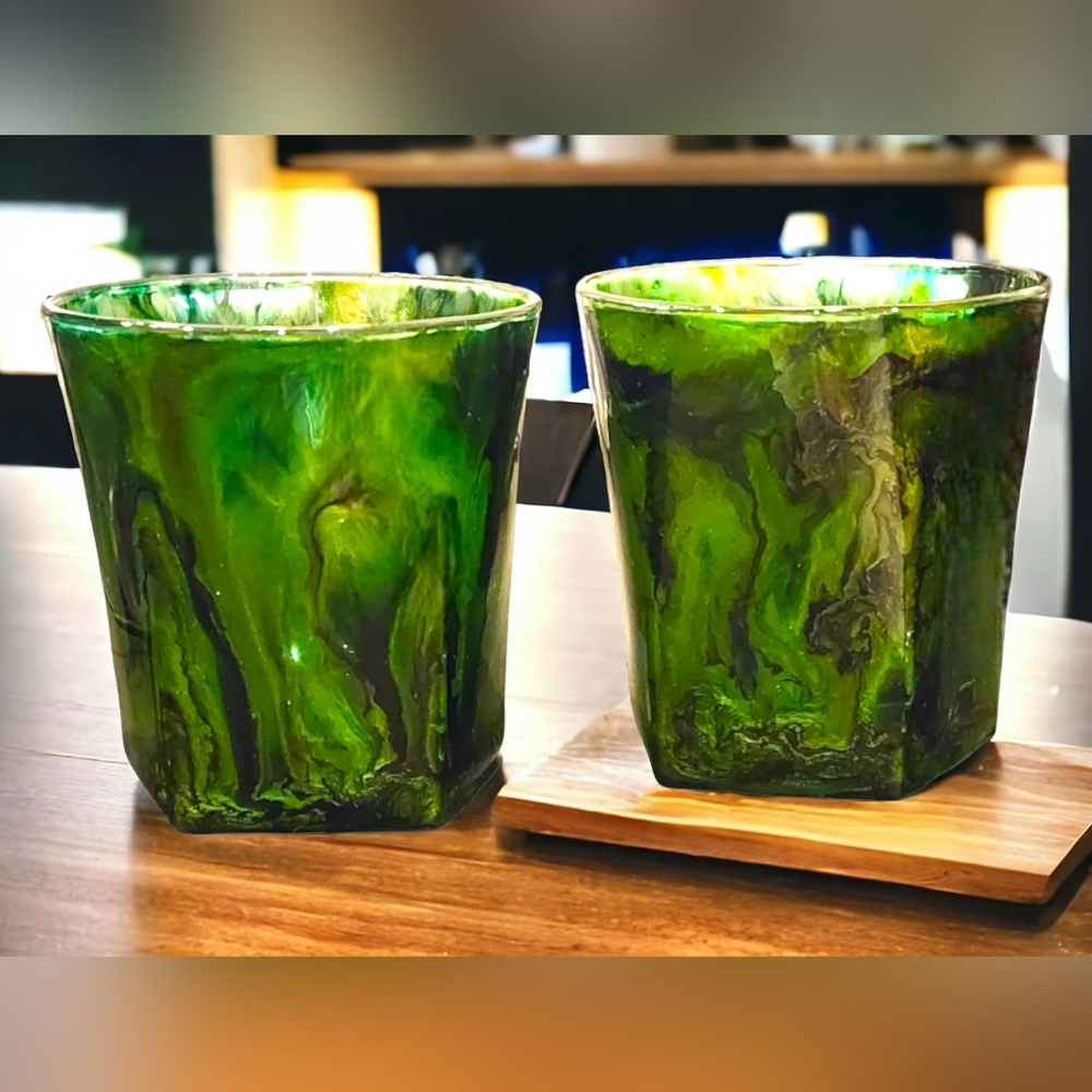 (2)Emerald Green/Bourbon Rocks Glass Set